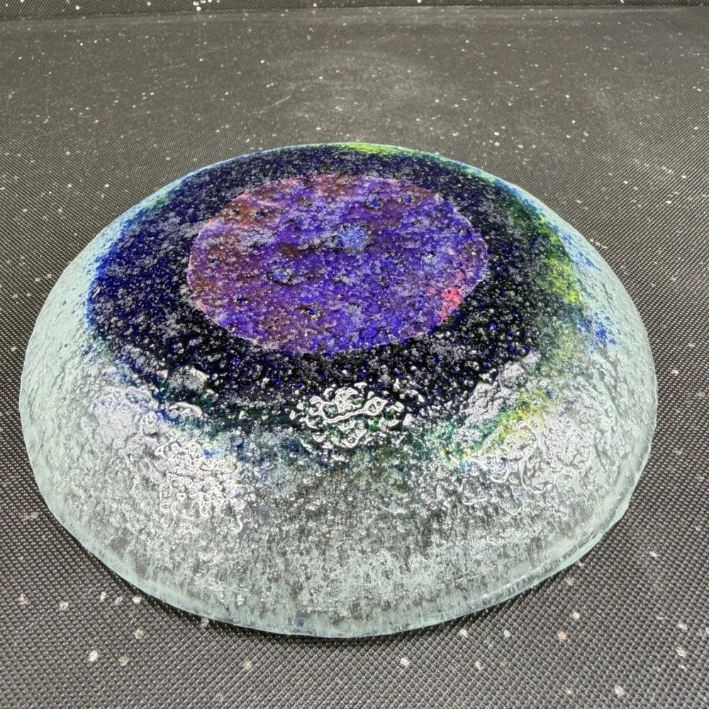 Handmade Fused Glass Bowl Dish Blue Yellow Green Celestial Art Glass Catchall